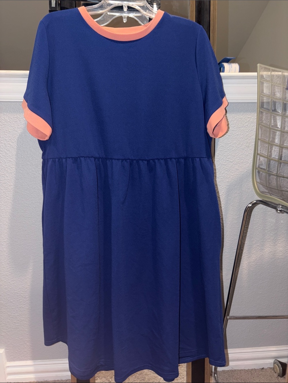 Royal Blue Midi Dress with Coral Trim - Women's Casual Midi